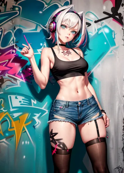 denim shorts, choker, (graffiti:1.5), paint splatter, against wall, looking at viewer, armband, thigh strap, paint on body, head tilt, bored, multicolored hair, aqua eyes, headset, huge breasts, neckline, large breasts, stockings, stockings in a net, torn ...