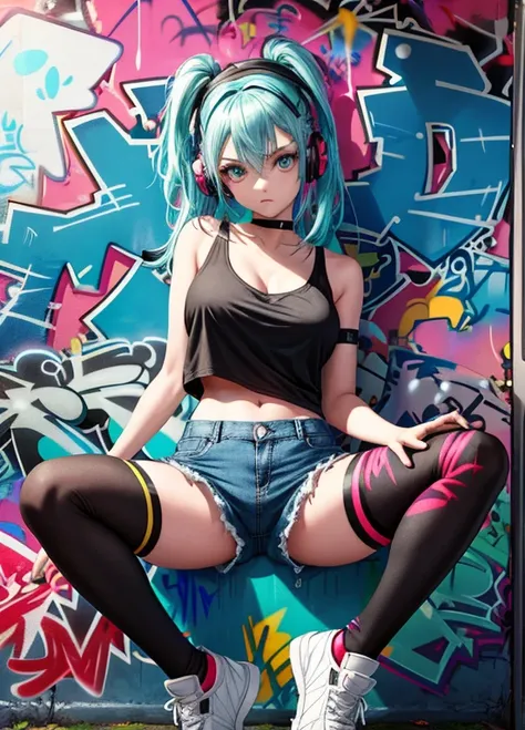 denim shorts, choker, (graffiti:1.5), paint splatter, against wall, looking at viewer, armband, thigh strap, paint on body, head tilt, bored, multicolored hair, aqua eyes, headset, huge breasts, neckline, large breasts, stockings, stockings in a net, torn ...