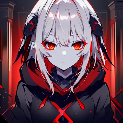 (High resolution,highest quality,Super detailed,wonderful,Attention to detail)White Hair,short hair,Red Eyes,Glowing Eyes,Sharp Eyes,Black hoodie,Cinema Lighting,Delicate face,thought,Red hairpin,Glare,gorgeous,gem,Blood splatter