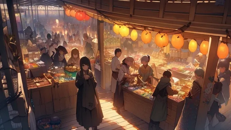 (masterpiece, highest quality:1.2), Perfect Face、In the magic market、A lively atmosphere spreads。The tents and stalls are packed with colorful magical items and everyday items.、Fairies and elves are full of energy。The main character becomes interested and ...