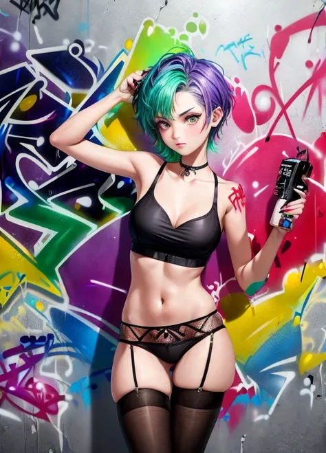 (graffiti:1.5), Young woman, 16 years, short hair, spray paint on the body, spray paint on the wall, Graffiti wall, multicolored hair, underpants, stockings, stockings в клетку, breast, 