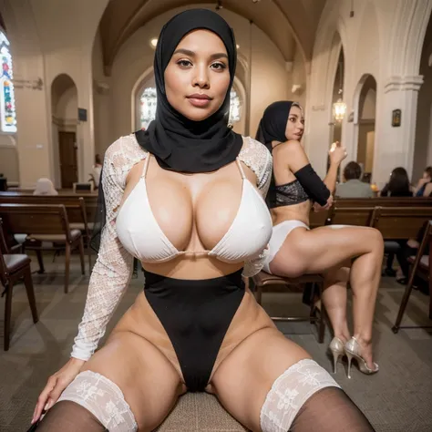 (portrait), (RAW photo, Best quality), (Realistic, photo-realistic:1.2), a sexually attractive hourglass figure 14 years old girl in high heels spread her legs, (sit on a chair in church), (Black and white hijab:1.3), In churches, ((micro bikini)), makeup,...