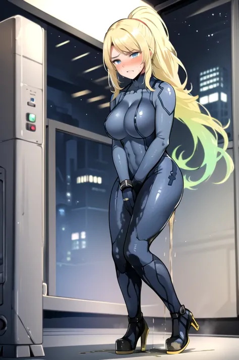 samus aran, (facing viewer:1.25), ponytail, large breasts, hair tie, blue gloves, blue bodysuit, (full bodysuit:1.5), high heels, (standing straight:2.0), peeing herself, (wetting herself:1.5), very large peeing stain, huge pee stain, best quality, ultra-d...