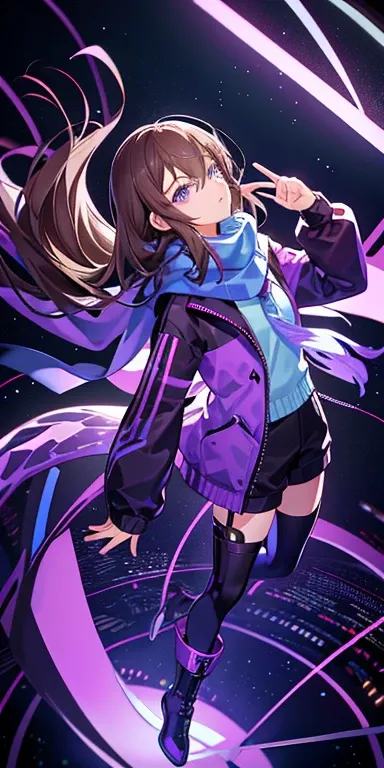 （​master piece：1.2，high high quality）， （pix：1.4）， （1girll：1.2）long brown hair，purple color eyes，Flying blue butterflieature female body，holographic interface， purple ninja jacket，black scarf ,City lights，sleevesless， head looking up， view over city， Boots，...