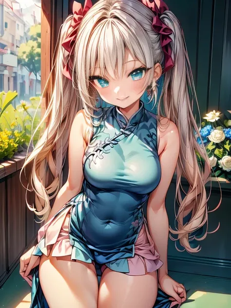 (((小さなgirl)))、The arrival of spring、Thick thighs、 (alone:1.5,)Very detailed,Bright colors, Very beautiful detailed anime faces and eyes, Look straight ahead, ;d, Shiny_skin,girl, ((Silver long hair,The inner color is red 、Forehead is exposed.、Green Eyes、Gl...