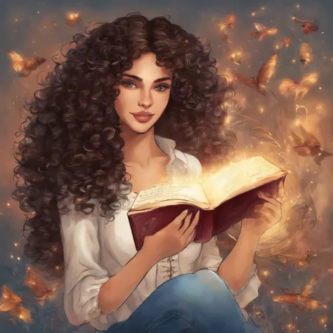 A beautiful brunette girl with curly hair wearing jeans and a white blouse is wearing tennis shoes with a book in her hand