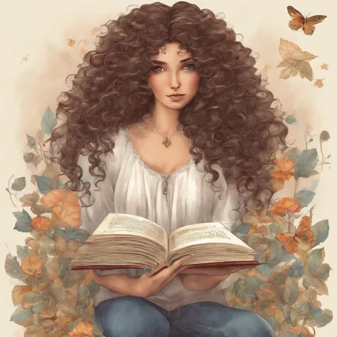 A beautiful brunette girl with curly hair wearing jeans and a white blouse is wearing tennis shoes with a book in her hand