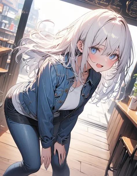 Blue bright eyes, short white hair, short skirt, cafe, jeans jacket, standing pose, ultrasharp, highres, 8k, expressive face, beautiful face