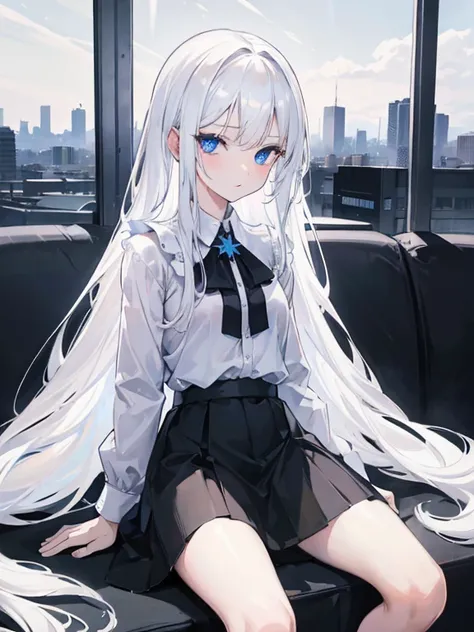 1girl, long white hair, blue eyes, black skirt, looking at viewer, ultrasharp, 8k, masterpiece, absurbres, wearing plain white shirt, city, sitting, ahegao, dick in pussy