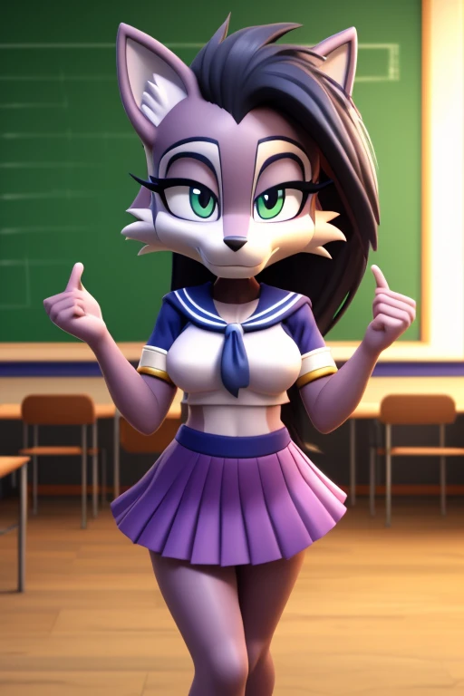 Masterpiece, high quality, studio quality, intricate details, 4k, 1girl, Lupe the Wolf, medium breasts, sailor fuku, pleated skirt, in a classroom, ((best quality)), ((masterpiece)), (detailed)