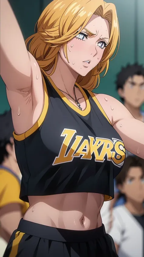 a close up of a person wearing a basketball uniform, a picture, inspired by Kentaro Miura, trending on pixiv, Rangiku Matsumoto, Bleach, wearing yellow nba jersey, yellow croptop nba jersey, wearing a low cut croptop, wearing croptop, croptop, the words "L...