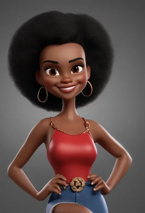 personagem dos desenhos animados de uma mulher com cabelos afro preto curto, magra,com um grande sorriso,with a red dress,  nariz pequeno e fino, pouco peito animation character, Caractere estilizado, animation style rendering, 3D estilizado, Arnold Maya r...