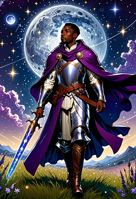 a black man, a cleric, wearing silver armor and a purple cloak with details of stars, constellations, and moons. he is tall and ...