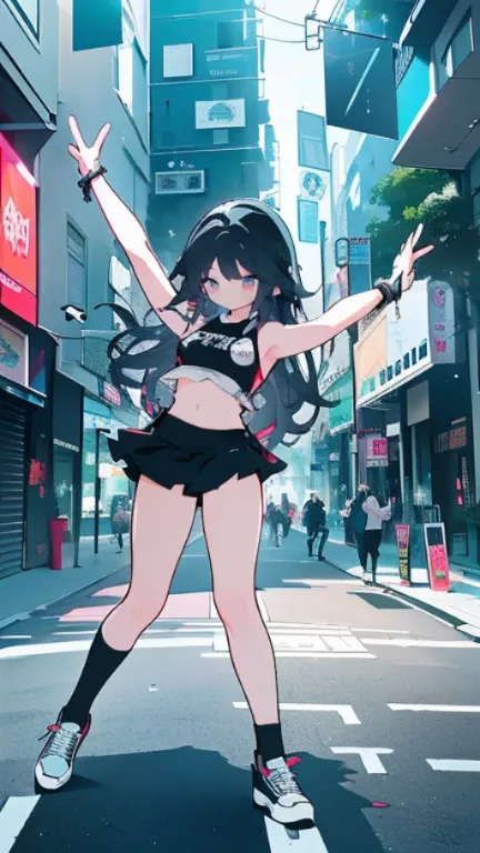 highest quality、Highest image quality、masterpiece、teenage girl((18-year-old、 Agar、vest bust、medium bust,wide open breast tea、Black eyes, black hair、long hair、slender,highest valley、cute makeup、Black short skirt、Red spats、fluttering hair、White navel tank to...