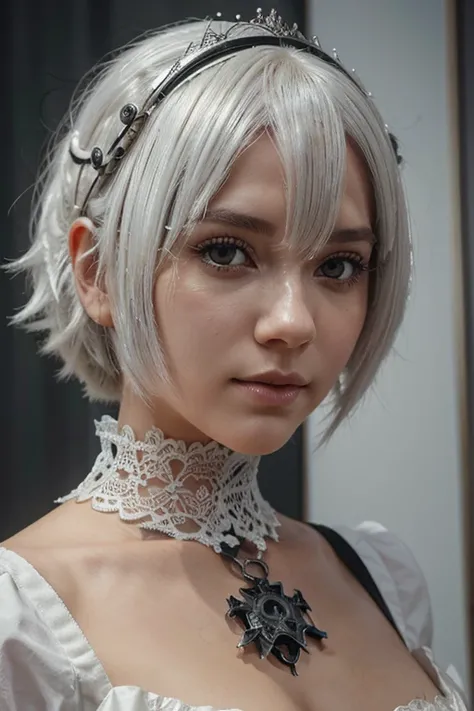 White hair, um close de uma pessoa com cabelo curto e uma tiara, 2b, 2b, Nier 2b, 2b Nier automata, ciborgue - garota com cabelo prateado,  cabelo prateado, Nier autoamata, Nier, garota de cabelo prateado,  com cabelo branco curto, com rosto muito detalhad...