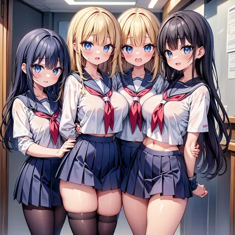 (cute eyes:1.2), (sparkling eyes:1.2), highest quality,wonderful,finely,extremely detailed CG Unity 8K wallpaper, (Stand in line:1.2), (3 girls, sailor uniform, clothed), (huge breasts), (open mouth:1.1), (long tongue:1.1), (mouth drool:1.1), (black stocki...