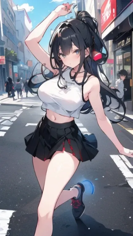 highest quality、Highest image quality、masterpiece、teenage girl((18-year-old、 Agar、vest bust、medium bust,wide open breast tea、Black eyes, black hair、long hair、slender,highest valley、cute makeup、Black short skirt、Red spats、fluttering hair、White navel tank to...