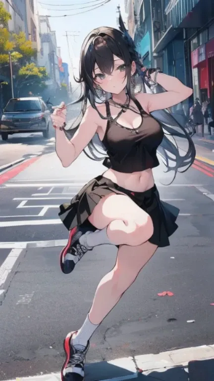 highest quality、Highest image quality、masterpiece、teenage girl((18-year-old、 Agar、vest bust、medium bust,wide open breast tea、Black eyes, black hair、long hair、slender,highest valley、cute makeup、Black short skirt、Red spats、fluttering hair、White navel tank to...