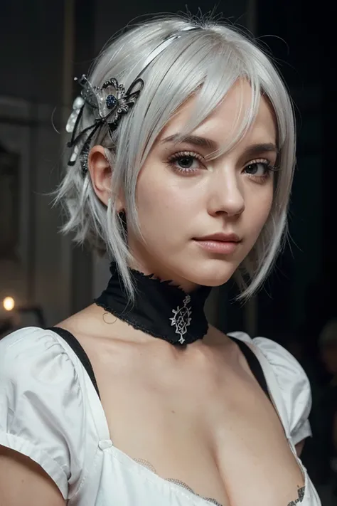 White hair, um close de uma pessoa com cabelo curto e uma tiara, 2b, 2b, Nier 2b, 2b Nier automata, ciborgue - garota com cabelo prateado,  cabelo prateado, Nier autoamata, Nier, garota de cabelo prateado,  com cabelo branco curto, com rosto muito detalhad...