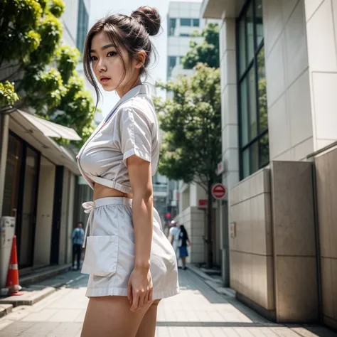 ((masterpiece,best quality)), a 22 years old girl, asian face, hyper realistic skin texture, proportional body, large breasts, bun hair, white nurse uniform, hospital, walking, bright bokeh background, RAW photo, side view photoshot, 