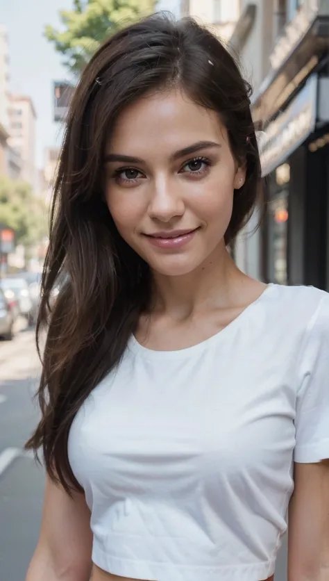 RAW photos, camera gaze, ((top quality, 8k, masterpiece: 1.3)), sharp focus: 1.2, white shirt, pretty features, best smile, cute smile, beautiful woman in perfect style: 1.4, slender abs: 1.2, dark brown hair, (natural light, city street: 1.1), highly deta...