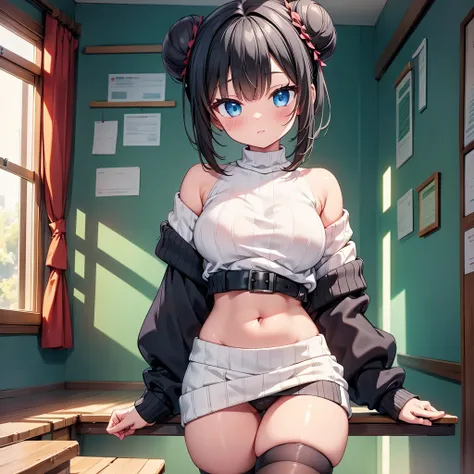 highest quality,wonderful,finely,extremely detailed CG Unity 8K wallpaper, (1 girl, Black Hair, double bun), (midium breasts:1.1),(off-shoulder sweater:1.3), (black stockings:1.1),(Thighs:1.3),(Waistline:1.3)