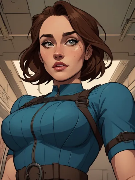 Personagem mulher estilo atompunk Fallout 4 atriz Ella Purnell com marcas de guerras Imagem de desenho animado de uma mulher .Ilustracaoo estilo desenho animado, estilo de arte dos desenhos animados, estilo de arte dos desenhos animados, digital illustrati...