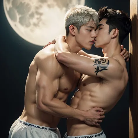 2 handsome chinese boy kissing, asian boys handsome like chinese actor, 19 years old, gogeous, super handsome, muscular, kpop idol actor,kissing, hug, cuddle, skin ship, smile at each other, catching eyes, lean body, many jawline, manly chin, Full Body Sho...