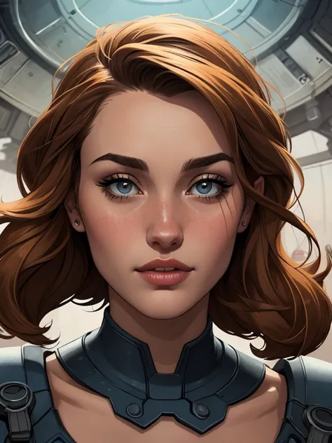 Personagem mulher estilo atompunk Fallout 4 atriz Ella Purnell com marcas de guerras Imagem de desenho animado de uma mulher .Ilustracaoo estilo desenho animado, estilo de arte dos desenhos animados, estilo de arte dos desenhos animados, digital illustrati...