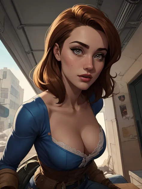 Personagem mulher estilo atompunk Fallout 4 atriz Ella Purnell com marcas de guerras Imagem de desenho animado de uma mulher .Ilustracaoo estilo desenho animado, estilo de arte dos desenhos animados, estilo de arte dos desenhos animados, digital illustrati...