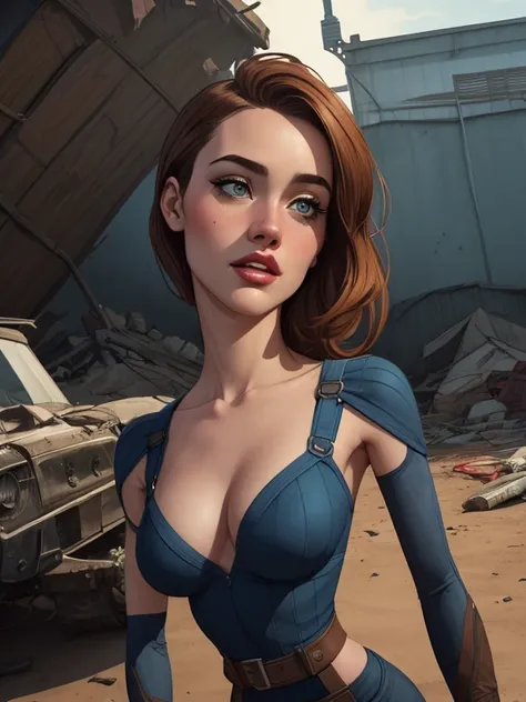 Personagem mulher estilo atompunk Fallout 4 atriz Ella Purnell com marcas de guerras Imagem de desenho animado de uma mulher .Ilustracaoo estilo desenho animado, estilo de arte dos desenhos animados, estilo de arte dos desenhos animados, digital illustrati...