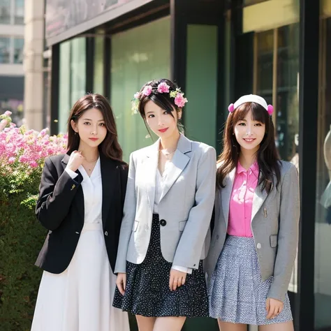 City street background、Create an image of three beautiful Japanese women standing side by side in modern attire incorporating fantasy elements.。The woman in the center is wearing a gray jacket and a long white skirt.、The whole body is visible。on the other ...