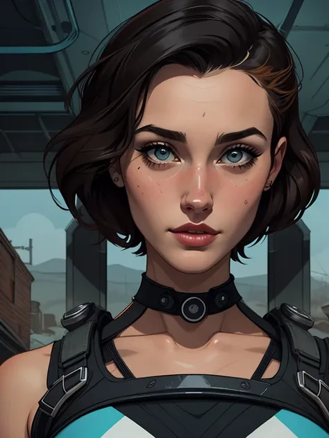 Personagem mulher estilo atompunk Fallout 4 cabelos pretos  atriz Ella Purnell com marcas de guerras Imagem de desenho animado de uma mulher .Ilustracaoo estilo desenho animado, estilo de arte dos desenhos animados, estilo de arte dos desenhos animados, di...