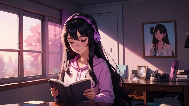 Create an image of a girl with long black hair wearing headphones. This girl must be reading a book in a room. The colors of the environment behind this girl should include shades of purple, pink, white and blue.