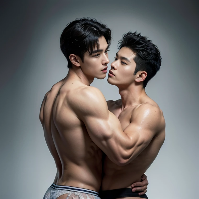 2 handsome chinese boy kissing, asian boys handsome like chinese actor, 19 years old, gogeous, super handsome, muscular, kpop idol actor,kissing, hug, cuddle, skin ship, smile at each other, catching eyes, lean body, many jawline, manly chin, Full Body Sho...