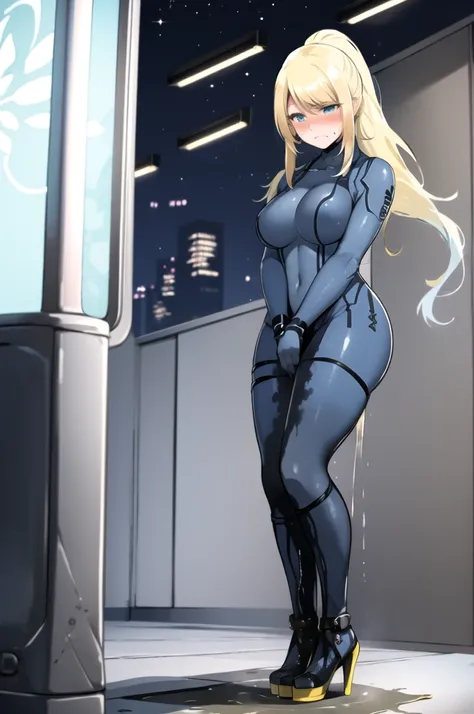 samus aran, (facing viewer:1.25), ponytail, large breasts, hair tie, blue gloves, blue bodysuit, (full bodysuit:1.5), high heels, (standing straight:2.0), peeing herself, (wetting herself:1.5), very large peeing stain, huge pee stain, best quality, ultra-d...