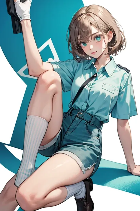 She wears a pale mint-blue shirt/blouse with a turned-down collar and short sleeves with the logo of a letter emblazoned on it. She wears grayish-teal wide waist-banded shorts that end just above the knees. She has a tan support bandage around her left kne...