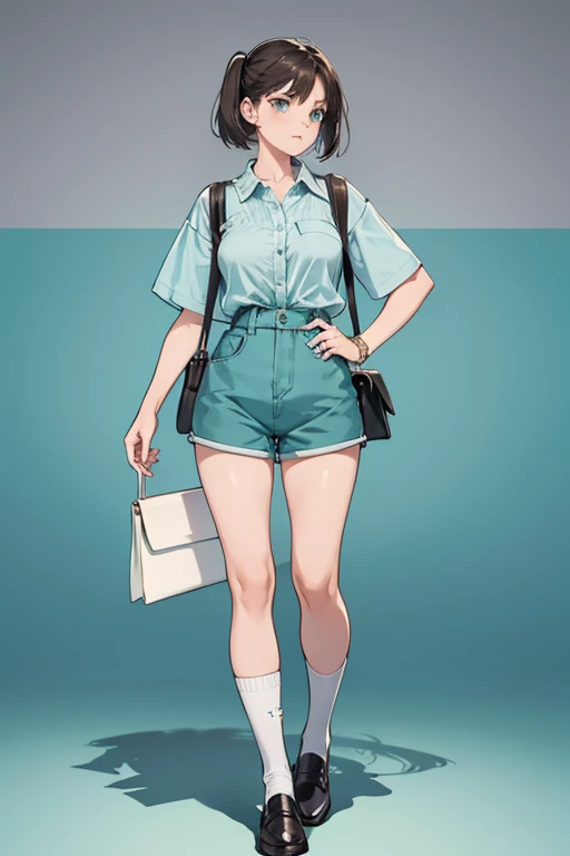 She wears a pale mint-blue shirt/blouse with a turned-down collar and short sleeves with the logo of a letter emblazoned on it. She wears grayish-teal wide waist-banded shorts that end just above the knees. She has a tan support bandage around her left kne...