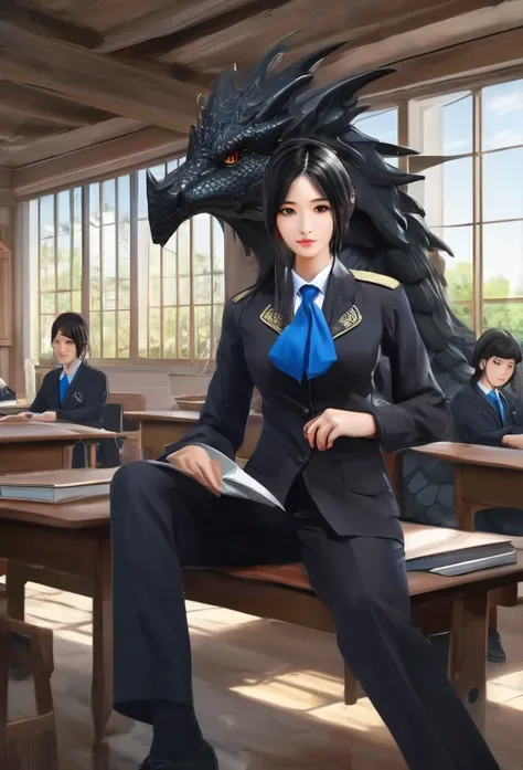 big black dragon,woman sitting in front,masterpiece, high quality, 最high quality, beautiful, high resolution, realistic, perfect...