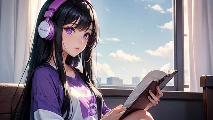 Create an image of a girl with long black hair wearing headphones. This girl must have her eyes focused on a book in a room. The colors of the environment behind this girl should include shades of purple, pink, white and blue.