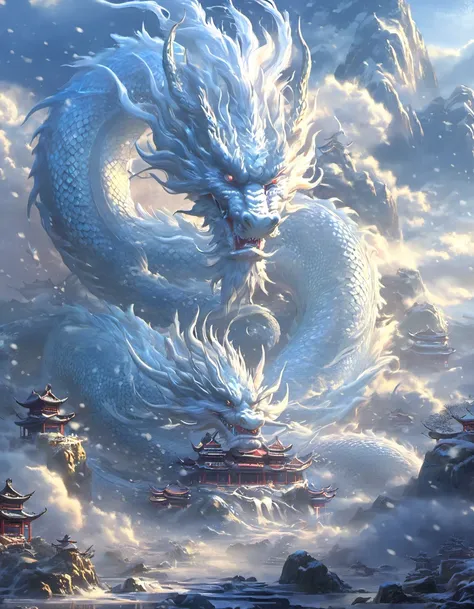 arion landscape,in the fantasy world,traditional chinese architecture,  dragon，snow，cloud,ocean,sky,mountain, thunder，{a head}