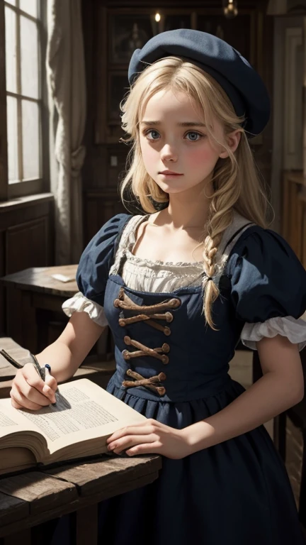 Create a series of images featuring Cosette, un personnage emblématique du roman Les Misérables de Victor Hugo. Show her working in the Thénardier inn, exprimant diverses émotions telles que la peur, lespoir et la joie. Assurez-vous de capturer son innocen...