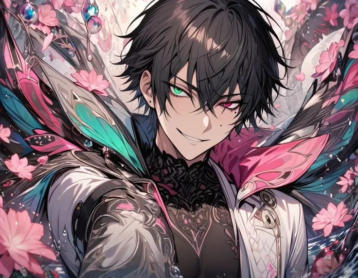 Ultra detailed, Highres, absurdres, Yamada Ichiro, black hair, heterochromia, left eye is green, right eye is red, white long coat with patterns, hypnosis mic, pink flowers, petals, extremely handsome, sexy man, solo, very detailed eyes and face, black glo...