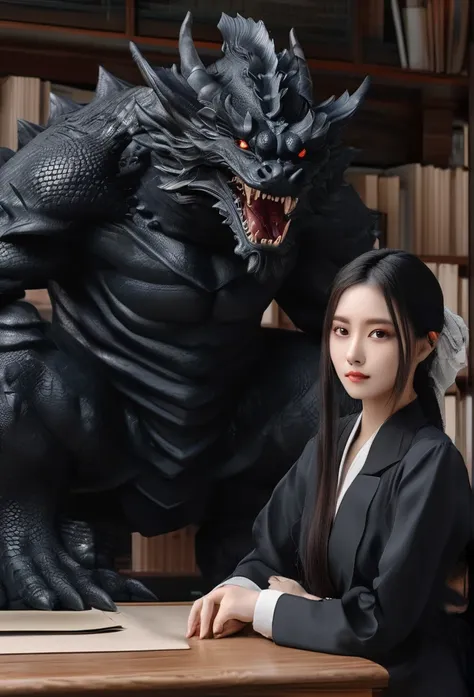 big black dragon,woman sitting in front,masterpiece, high quality, 最high quality, beautiful, high resolution, realistic, perfect...