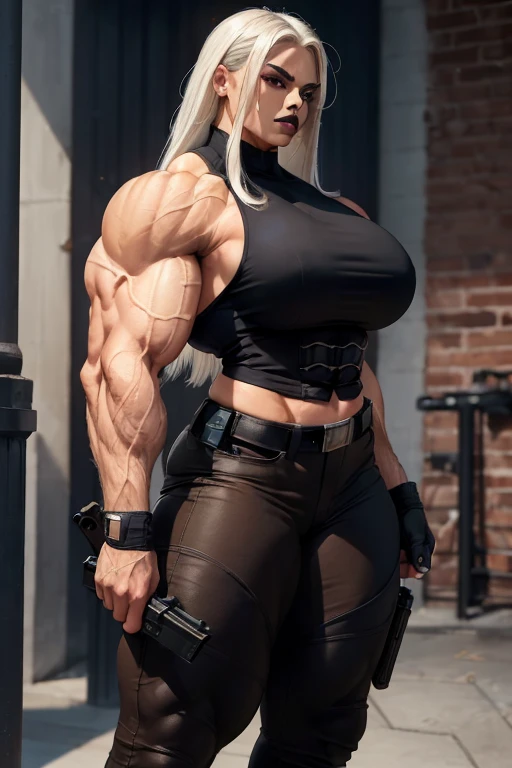 ((((Massive, tall, beautiful, buff, light brown skinned muscular policewoman with white hair, black lipstick, ginormous bulky muscles, aiming a handgun and wearing a sleeveless police uniform with pants)))), close view, vascular, massive muscles, massive b...