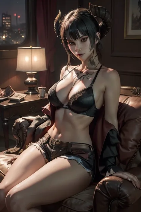 Eliza from Tekken, in a black bra with a blouse falling off her shoulders, in short shorts, sensual look, in the living room of her house relaxing, soft orange light over the environment at dusk