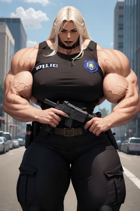 ((((Massive, tall, beautiful, buff, light brown skinned muscular policewoman with white hair, black lipstick, ginormous bulky muscles, aiming a handgun and wearing a sleeveless police uniform with pants)))), close view, vascular, massive muscles, massive b...