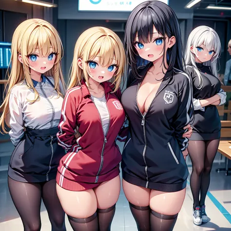 (cute eyes:1.2), (sparkling eyes:1.2), highest quality,wonderful,finely,extremely detailed CG Unity 8K wallpaper, (Stand in line:1.2), (3 girls, cute eyes, track suit, clothed), (midium breasts), (open mouth:1.1), (long tongue:1.1), (mouth drool:1.1), (bla...