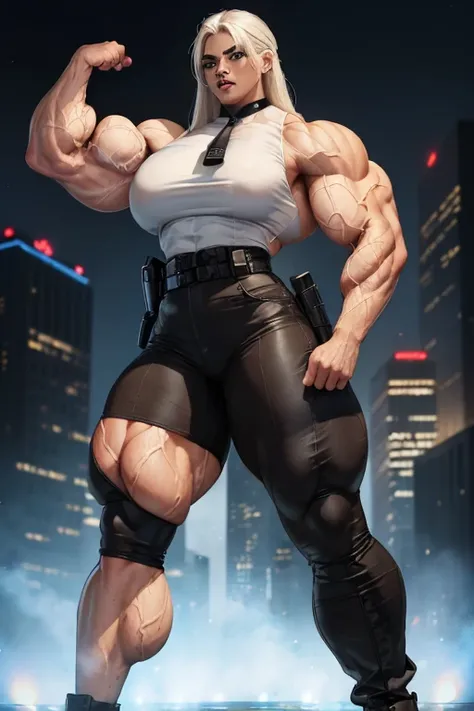 ((((Massive, tall, beautiful, buff, light brown skinned muscular policewoman with white hair, black lipstick, ginormous bulky muscles and wearing a sleeveless police uniform with pants)))), close view, vascular, massive muscles, massive biceps, hyper muscl...