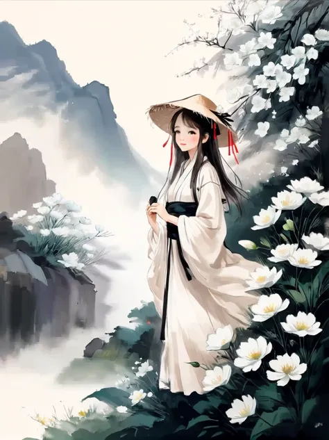 Ink illustration，Girl，wearing straw hat，Large white flowers，A cluster of flowers，Leave the background blank，Center the character，Ultra-fine lines，The scene in the dream，spring mountain，Qingshan，Fluorescence，Super dreamy style，Ultra-high-definition picture ...